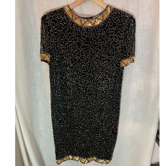 A. J. Bari Vintage Silk Beaded Cocktail Dress 1980s Art Deco‎ Style Size 14 EUC - Picture 1 of 4
